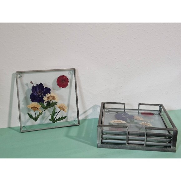 Pressed Flower Glass Drink Coast Set With Holder - Picture 1 of 7